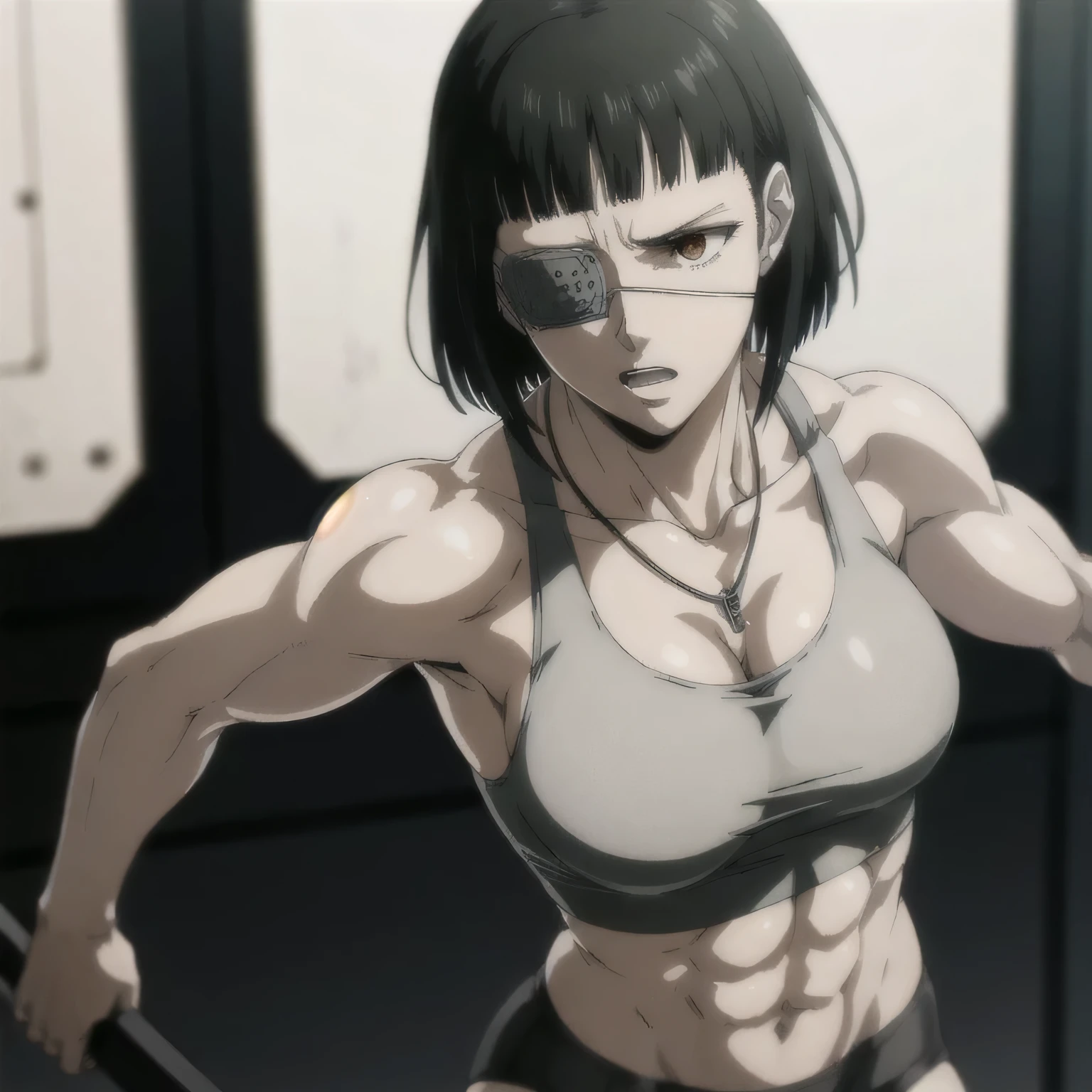 (best quality,ultra-detailed,realistic:1.37),musclaur badass girl with sculpted body have a tattoos wearing white sport tank top and white sport shorts, full review of the female character's face and body, intense expression, strong and confident posture, studio lighting, vivid colors, physiologically-based rendering, grungy texture, rugged background, dust particles in the air, commanding presence, professional, powerful, gritty aesthetics,,Valmet،short hair,necklace,six-pack,eyepatch,(solo girl),fixing glitchs,Valmet, in base training,six-pack,Shining muscles 