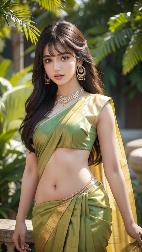 upper half body of (A hyper-realistic), (illustration), (high resolution), (8K), (highly detailed), (The best illustration of beautiful detailed eyes), (top-quality), (ultra-detailed), (masterpiece), (beautiful attractive face), long hair, Earrings with bangs, ((20 year old Indian beautiful girl)), (((wearing traditional sari ))) , (((Glamorous body))) , Elegant Pose, Seduction pose, Looking at the camera, garden background