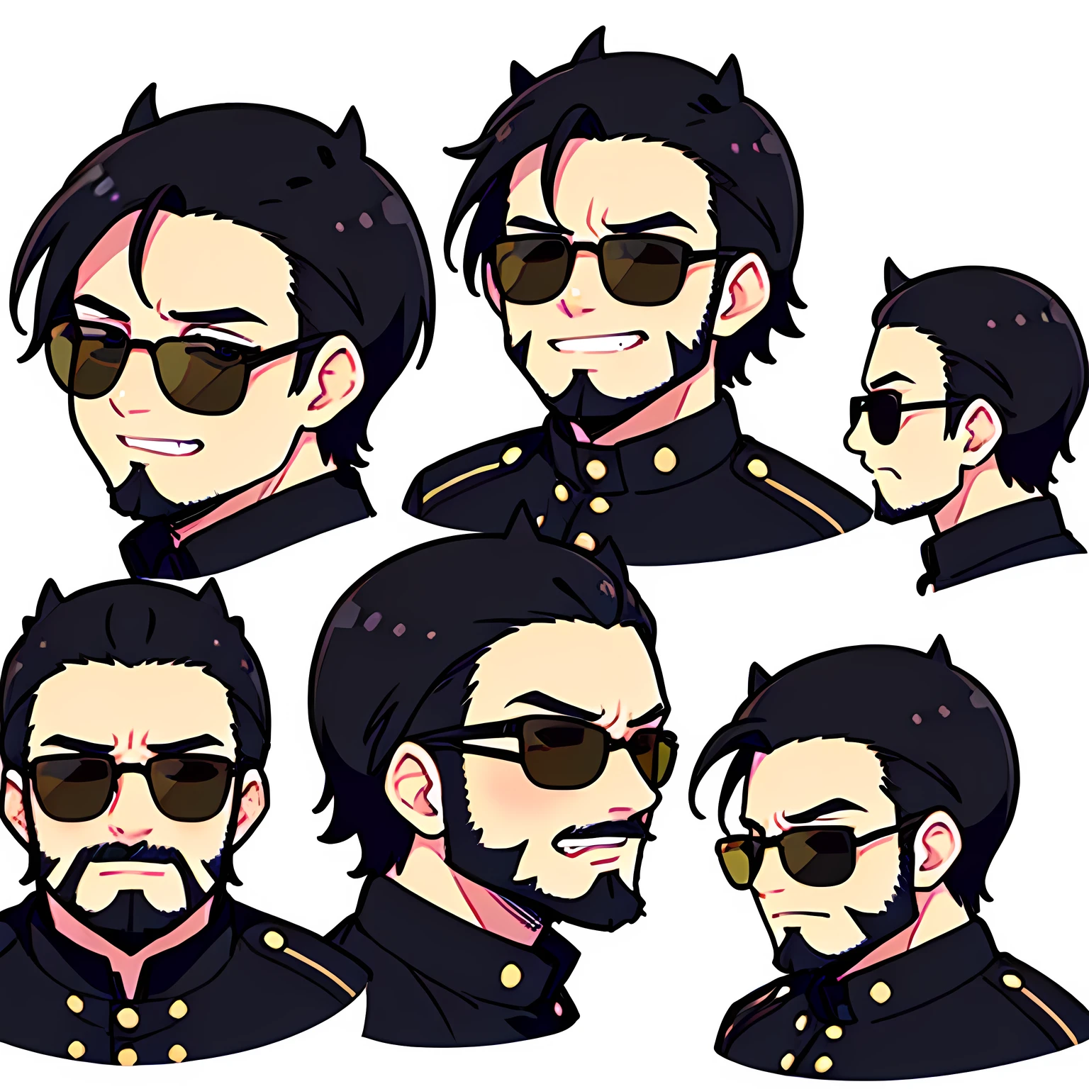 solo, sideview, (very short black spiky hair), big forehead, sunglasses, beard:0.1, male eyes, male nose, male mouth, nihilistic laugh, firefighter clothes,(white simple background)