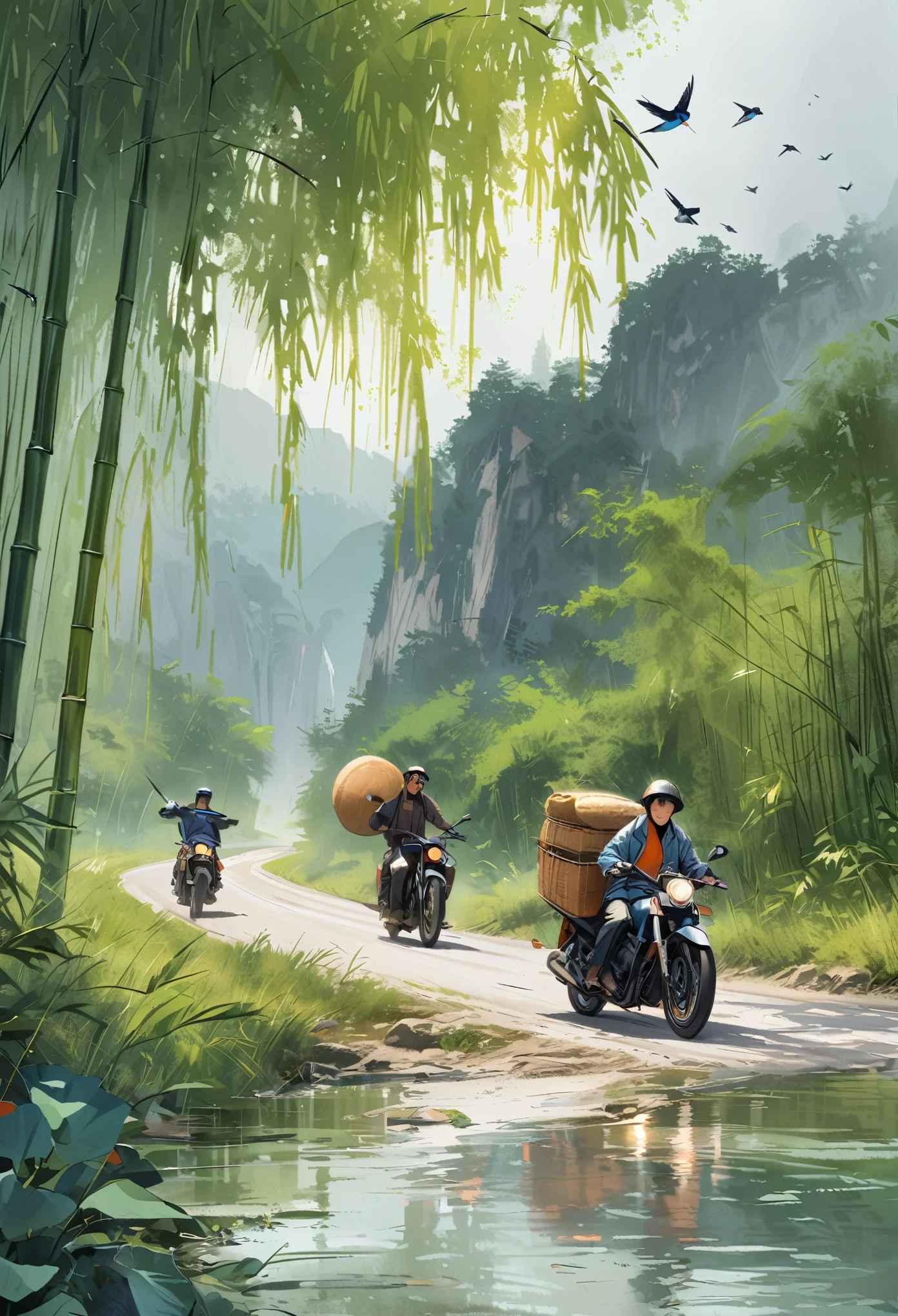 A man and a woman driving a motorcycle on a country road. Woman carrying a pair of baskets.,Willow trees on the side of the road,bamboo,swallow,Octane rendering of Gangnam atmosphere, High Detail,