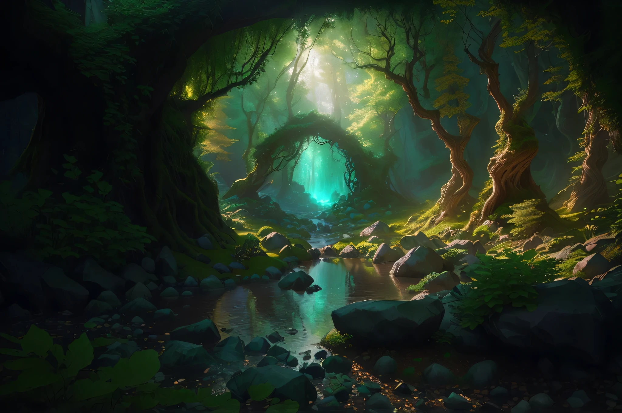 Under whose circumstances ，Flowing through a forest with rocks and trees, Fantasy forest environment, Fantasy forest scenery, Fantasy forest scenery at day, magic stone portal in the forest, Mystical Forest Lagoon, Beautiful fairy tale, Epic dreamlike fantasy landscape, Mysterious fantasy landscape, fantasy forest background, Magical fantasy forest, Stunning fantasy 3D rendering
