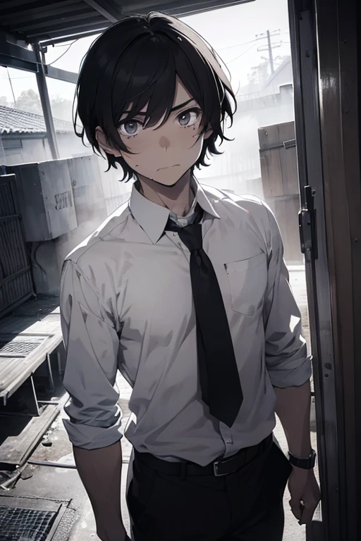 male,male,man,20yo,A determined face,,tears,Short Hair,suit,Monochrome,masterpiece,best quality,super detailed,super fine illustration,8k,anime style,detailed background,crematorium,