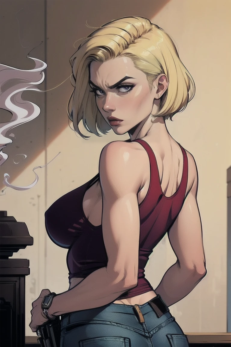 a woman with short blond hair, hair on shoulders, wearing a red tank top, small breasts and jeans, brown eyes, wife of preacher, tulip ohare, toon aesthetic, wearing red lipstick, look like tulip ohare (comics) (preacher) (vertigo), smoking, pointing a gun, serious face, upper body, backwards, looking back