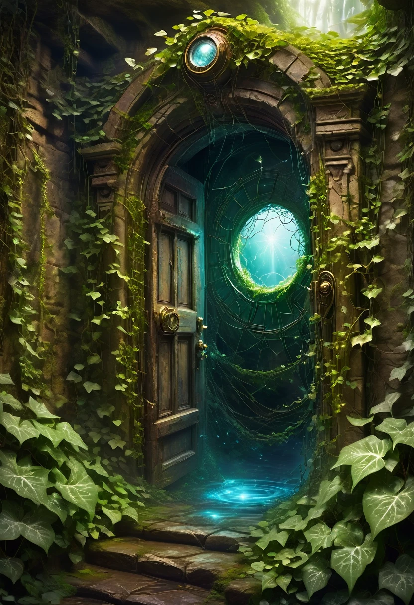 Forgotten Gate of Time and Space, fantasy theme, concept art, The deepest door in the underground maze, a door made of magic, Time travel portal, (A door that cannot be opened due to ivy and cobwebs:1.3, Shiny magic net), (Old and rusty door, dirty), dark, (Magical breath leaks from outside the door:1.3), (masterpiece), (best quality), (Ultra-high detail)