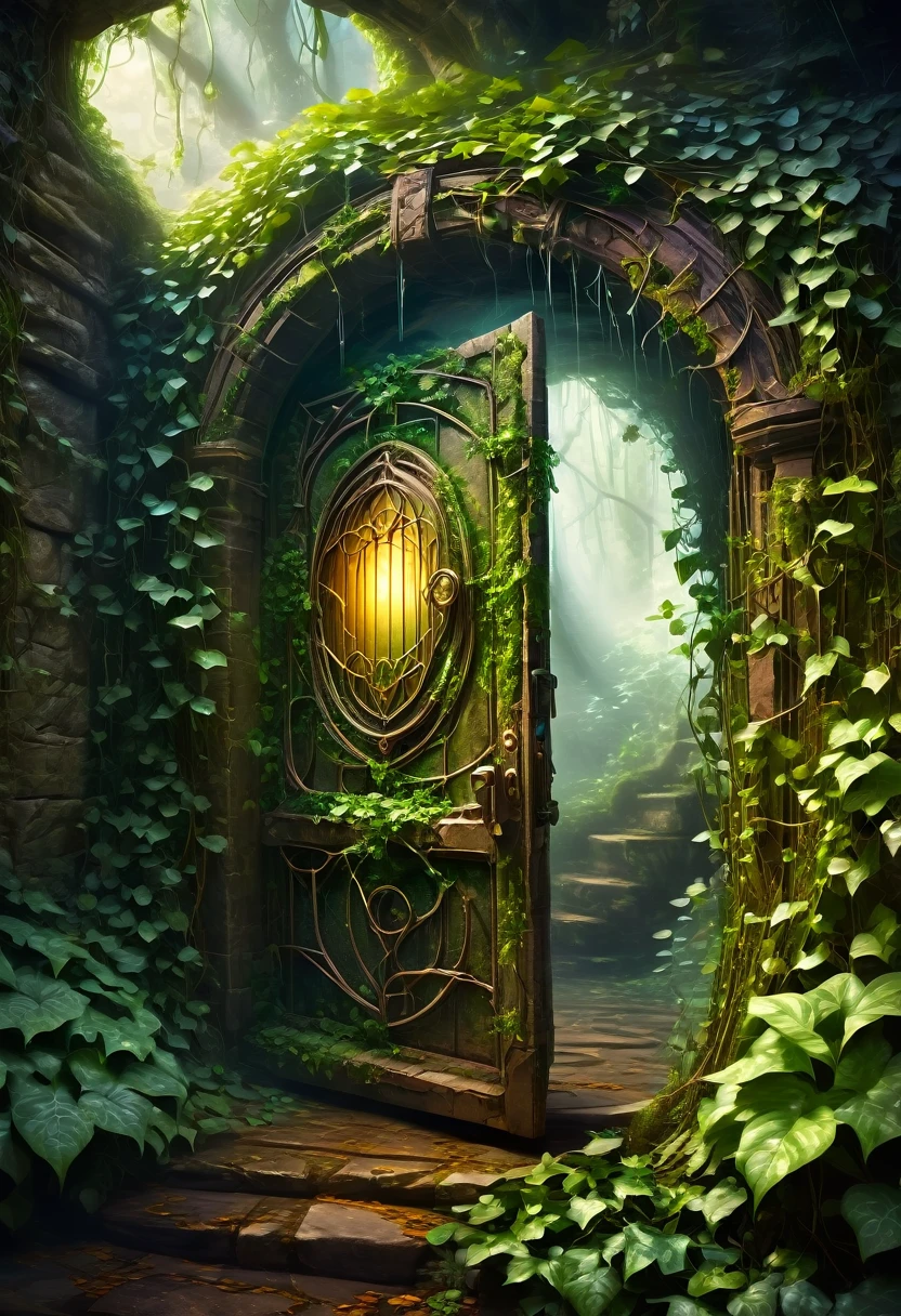 Forgotten Gate of Time and Space, fantasy theme, concept art, The deepest door in the underground maze, a door made of magic, Time travel portal, (A door that cannot be opened due to ivy and cobwebs:1.3, Shiny magic net), (Old and rusty door, dirty), dark, (Magical breath leaks from outside the door:1.3), (masterpiece), (best quality), (Ultra-high detail)