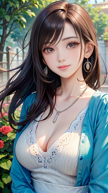 (Highest quality、 8k 、masterpiece、High resolution)、young woman、Beautiful big breasts、Slender beauty、Brown hair medium、Hair blowing in the wind、Hair flying back、whole body、 (Beautiful Face,Beautiful eyes,Beautiful nose,Pretty lips)、A clean eyeliner、(Basic Fashion、Natural, relaxed style)、Earrings、necklace、Her mouth opens slightly and a smile appears.、looking at the camera、Professional Lighting、Professional photographer、Outdoor、garden、Multicolored rose flowers、Detailed CG、