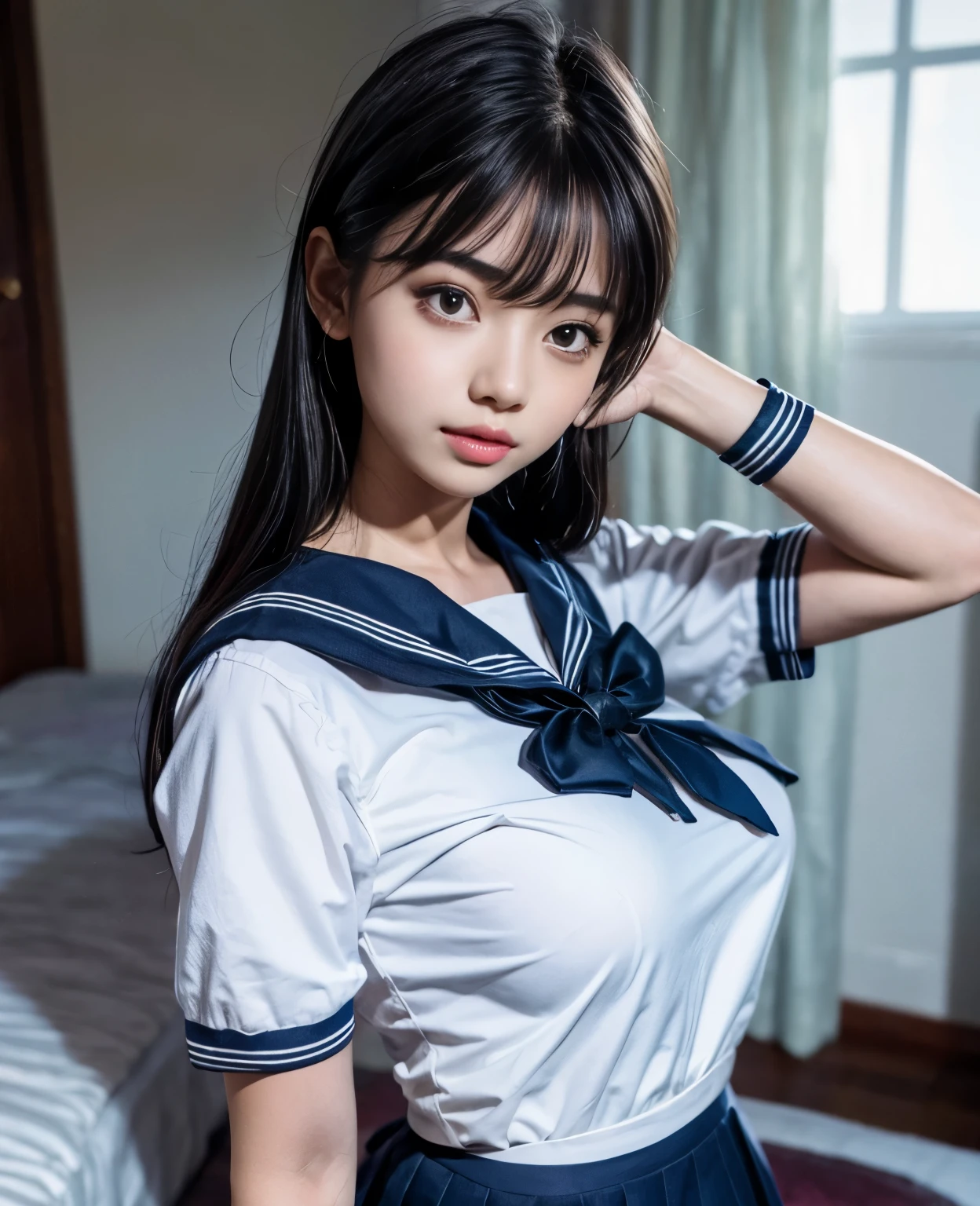 masterpiece, best quality, illustration, Super detailed, fine details, High resolution, 8K,wall paper, perfect dynamic composition,(Details High quality, realistic depiction of eyes:1.3), short hair, Black Sailor Uniform, serafuku, Navy pleated skirt, huge breasts, black hair color, Big Natural Color Lip, bold sexy pose, crying a little、 Harajuku style、20 year old girl、cute type、lolita、beautiful legs, hotel room, full body photo、focus on crotch, hposing Gravure Idol