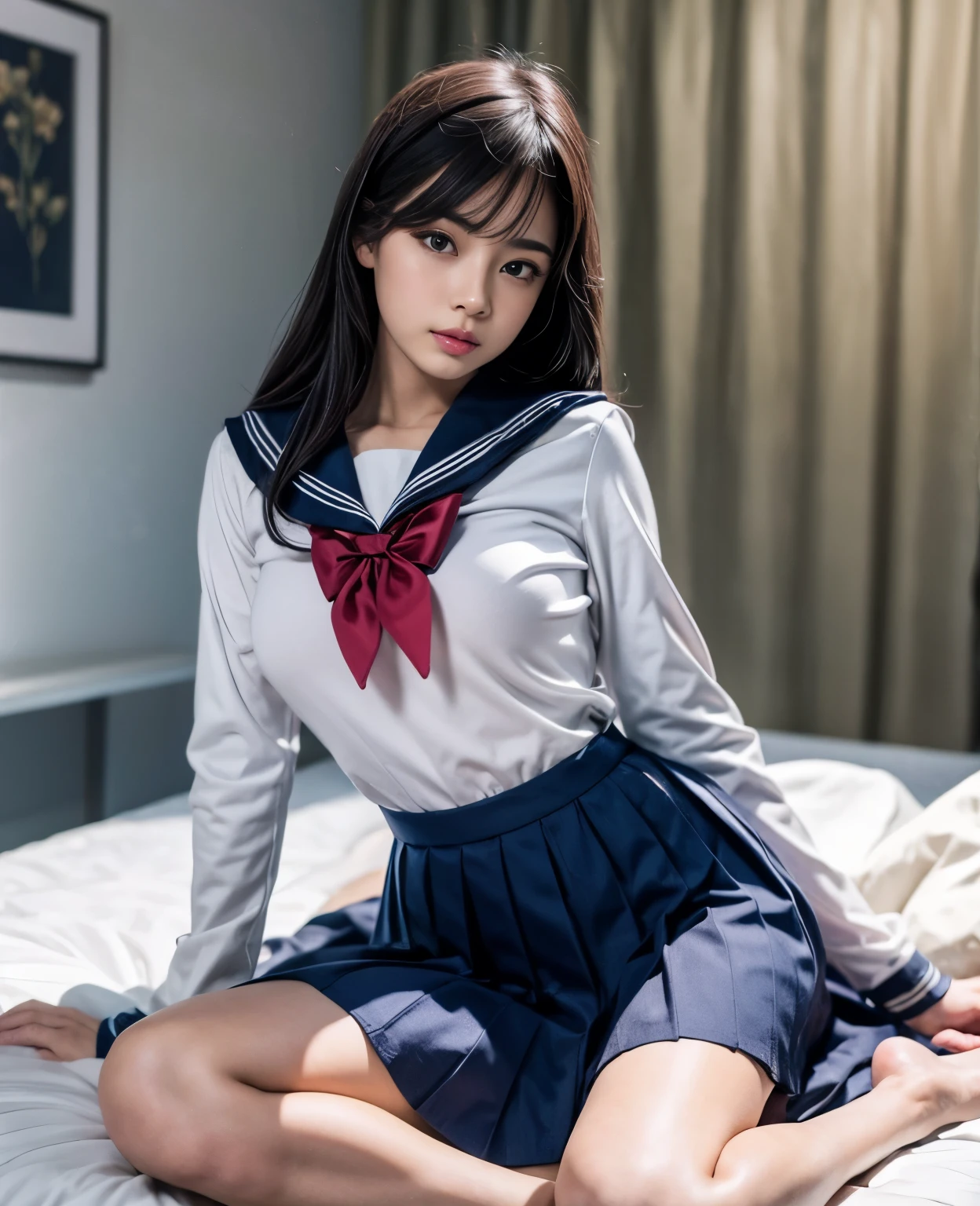 1girl, 18yo girl, sailor uniform, lying on bed, big breasts, skirt up, beautiful detailed eyes, beautiful detailed lips, extremely detailed face, long eyelashes, photo-realistic, 8k, highres, masterpiece, official art, cinematic lighting, dramatic, soft lighting, glowing skin, volumetric lighting, vibrant colors, hyper detailed