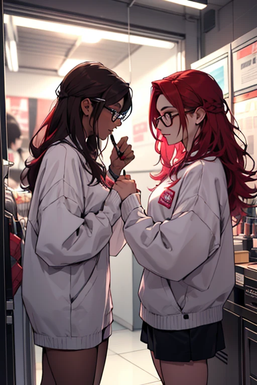 Two girls, one with red hair and dark skin with makeup and the other with brown hair, a nose piercing, with glasses and white, the red haired girl dressed in pink and the other in black
