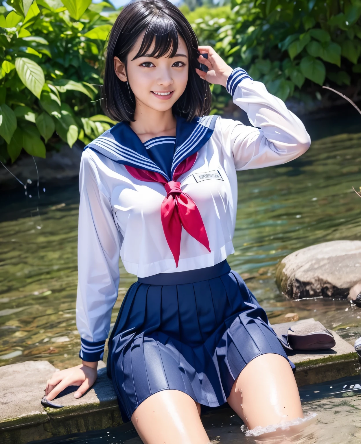 (masterpiece, 8k, best quality:1.2), in the river, outdoor, 1girl, 20 yo school girl,  smile, looking at viewer,  sailor uniform,(((ankle length skirt))), wet clothes, soaked, wet hair, wet skin, translucent, glistening with oil, drenched, bright sunshine, soaked heavy clothes, playful, black hair, short bob