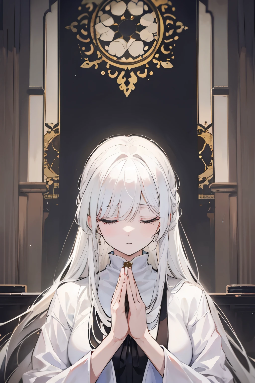 a white-haired woman is closing her eyes and praying mourning