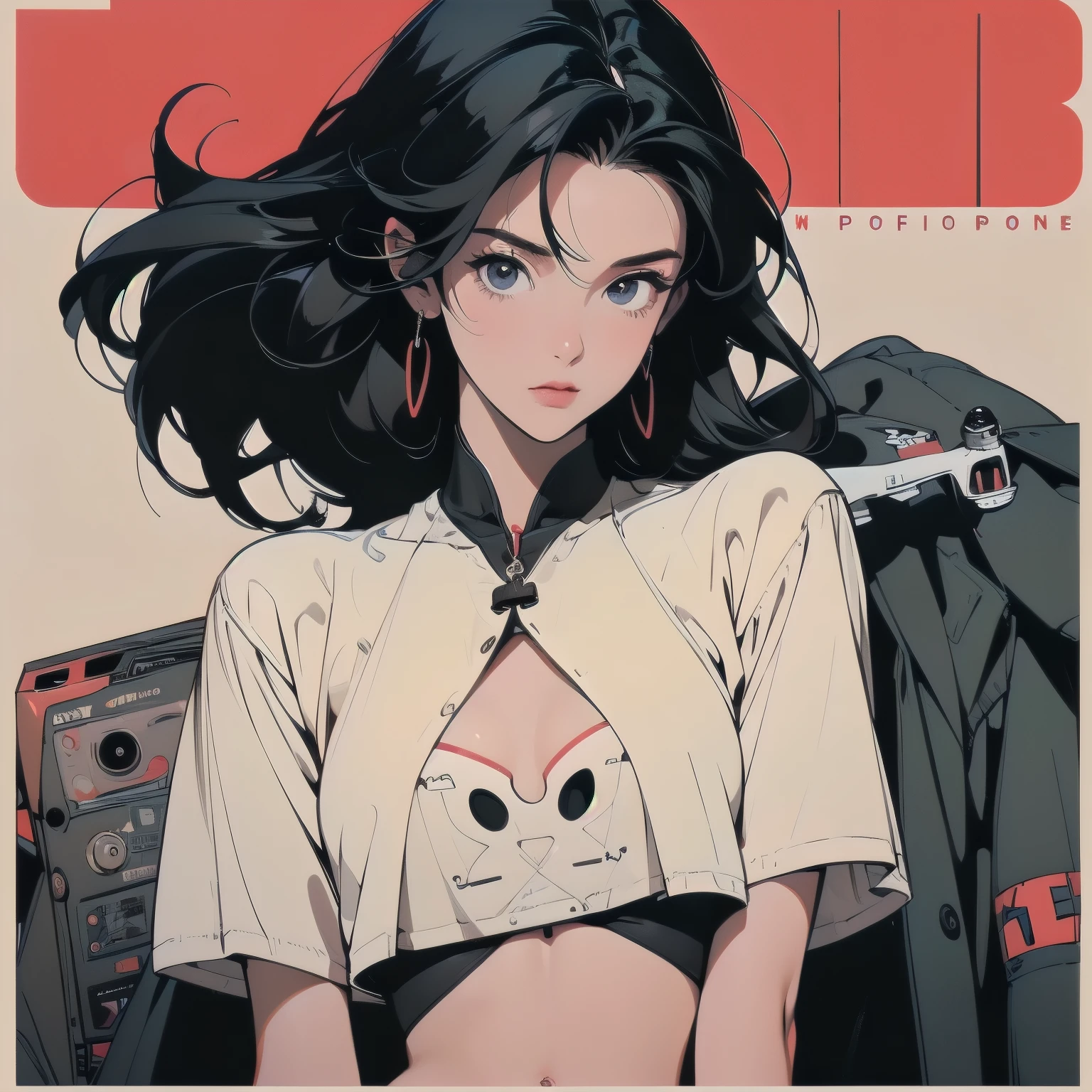 Trigun、Persona、A beautiful woman、Movie Posters、Upper Body、Model pose、mysterious、Small breasts、Black Hair、Short sleeve、(((Detailed and complex drone)))、(((The perfect drone)))