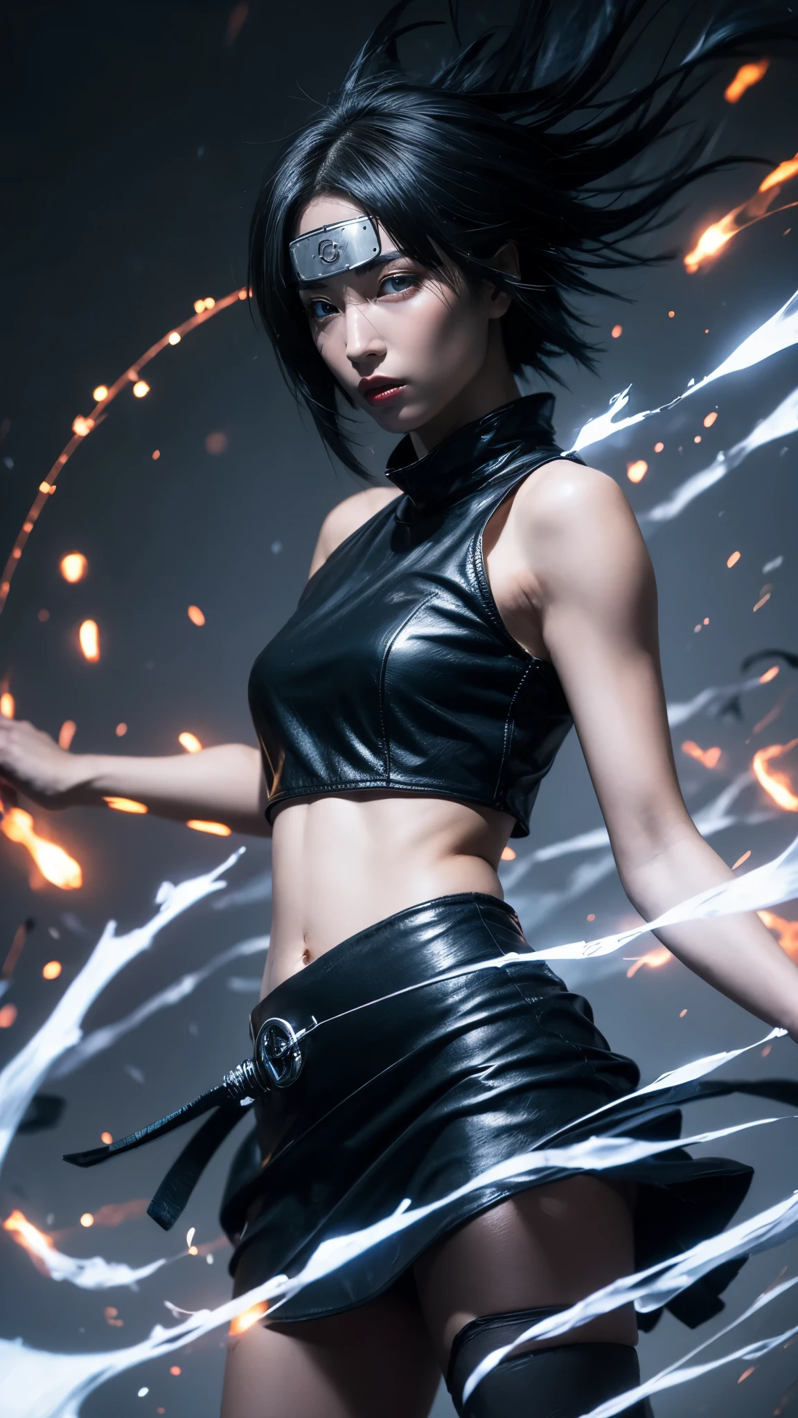 Moisturized skin, (gradient eyes), realistic body, (adult female body), energetic, (), (girl), crop top,
BREAK,
bright red lipstick, (beautiful navel), (black hair), beautiful hair, (Uchiha Sasuke's clothes), (leather), mini skirt,
BREAK,
((masterpiece + highest quality + high resolution + highly detailed)), (full body: 1.2), symmetrical, one cut,
BREAK,
(electric shock), (wind blows), (blue electricity), (battle stance: 1.4),
BREAK,
assassination, kunai, fantastical, dynamic,