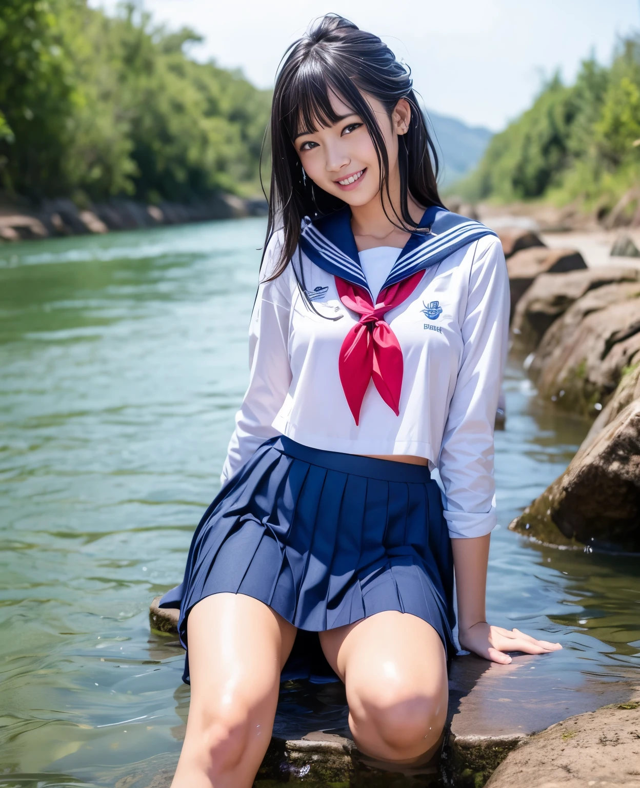 (masterpiece, 8k, best quality:1.2), in the river, outdoor, 1girl, 20 yo school girl,  smile, looking at viewer,  sailor uniform,(((ankle length skirt))), wet clothes, soaked, wet hair, wet skin, translucent, glistening with oil, drenched, bright sunshine, soaked heavy clothes, playful, black hair, short bob