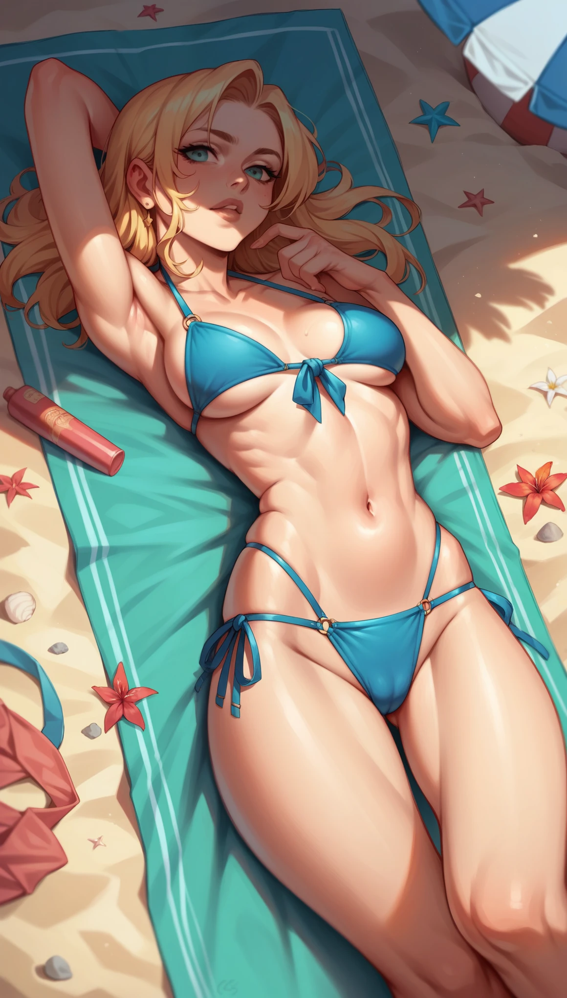 A beautiful girl wearing bikini and lay down in the beach realstic pics