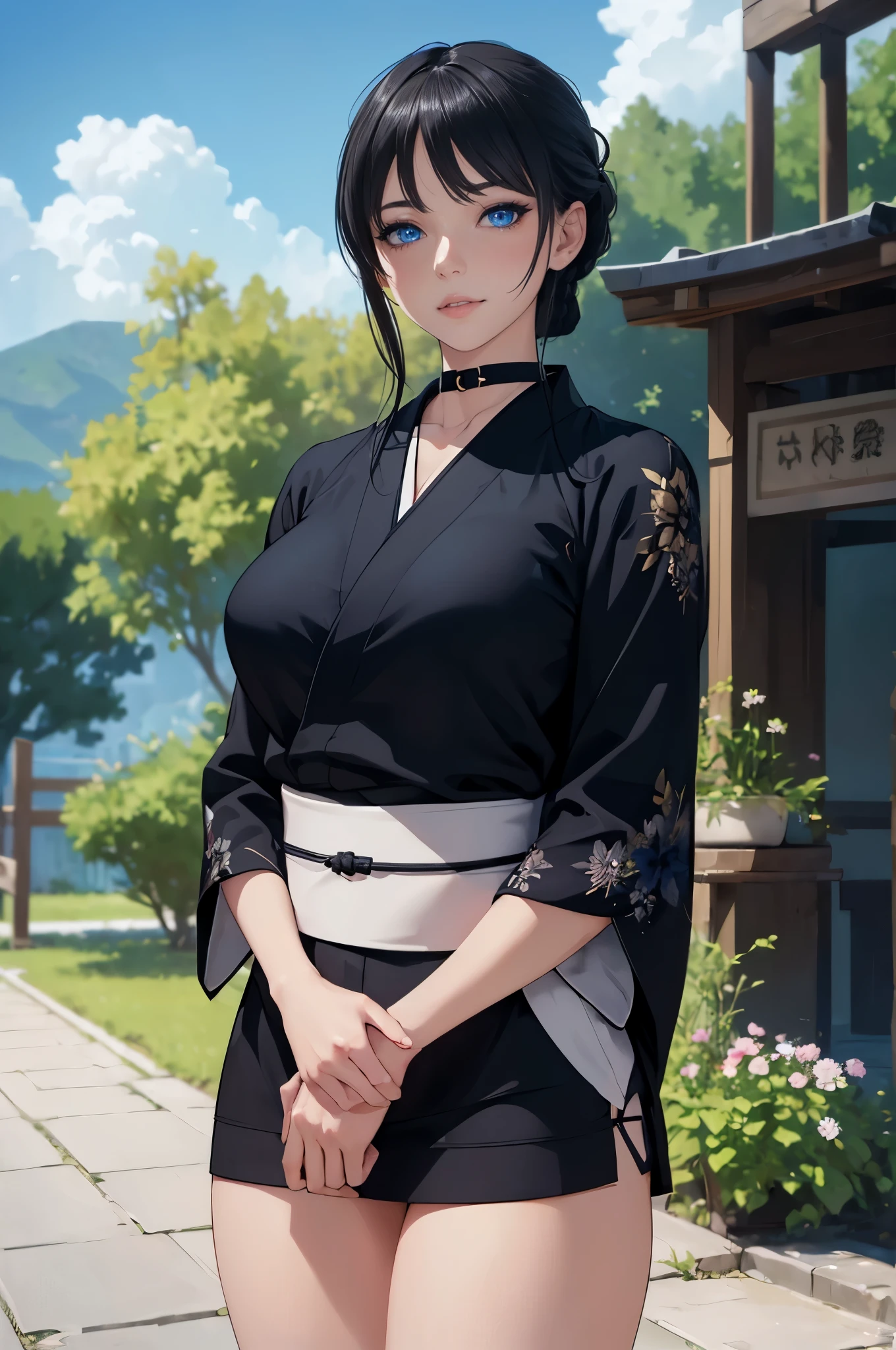 ((1girl, solo)), beautiful body, (perfect anatomy, perfect body, perfect hands, perfect legs), nice hands, natural proportions, sexy body, large breasts BREAK
((extremely detailed face)), blue eyes, (beautiful detailed eyes:1.6), (realistic pupils, realistic iris:1), expressive eyes, ((looking at viewer)), (clear eyes:1.3), (hyperrealistic:1.2), (detailed skin texture:1.2), smooth skin, black hair, blunt bangs, long hair, braided ponytail, (detailed lips:1.2), (attractive lips:1.1), (glossy lips:1.1), smile, parted lips, perfect face, perfect eyes BREAK
black kimono, (short kimono:1.5), skin tight, cleavage, long sleeves, wide sleeves, choker, white obi, sash, thighs, ass visible through thighs BREAK
(masterpiece:1.5), anime-style, top quality, best quality, (beautiful and aesthetic:1.2), (ultra detail:1.5), Ultra-detailed depiction, Ultra-precise depiction, extremely detailed 8k illustration, high resolution, (highly detailed shading:1.2), (realistic lighting:1.4), perfect lighting, vibrant colors, dynamic tones, striking hues, 8k, absurd resolution, perfect shadows, hdr, UHD, ambient lighting, realistic, ultra-realistic, photo realistic, highly detailed, rich detail, luminous colors, fine texture, intricate design, professional illustration, (soft light:1.2), (illustration:0.7)