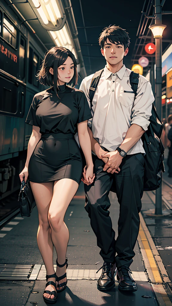 a couple sitting at a railway station, night scene, train approaching, couple wearing short clothes, girl has big hips detailed faces,