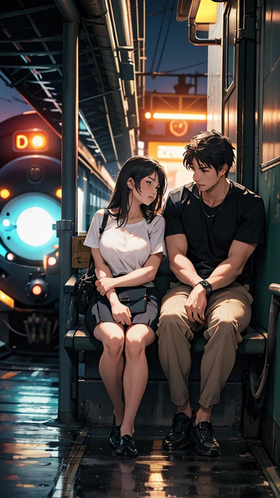 a couple sitting at a railway station, night scene, train approaching, couple wearing short clothes, girl has big hips detailed faces,