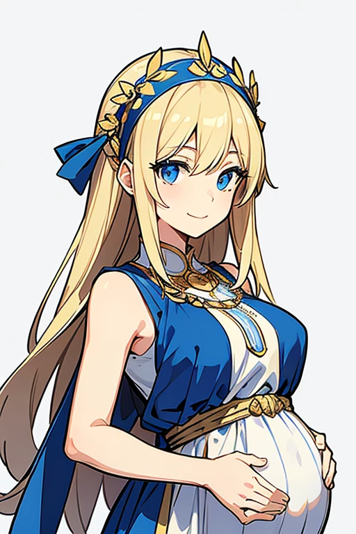 (high-quality, breathtaking),(expressive eyes, perfect face) 1girl, girl, solo, young pregnant adult, blonde hair, blue coloured eyes, stylised hair, gentle smile, medium length hair, loose hair, side bangs, curley hair, really spiky hair, looking at viewer, portrait, ancient greek clothes, blue black and white tunic, white Chlamys, sleeveless, greek, blue and gold sash, music inspired background, related to Orpheus, C cup size breasts, hair accessory blue, third trimester of pregnancy