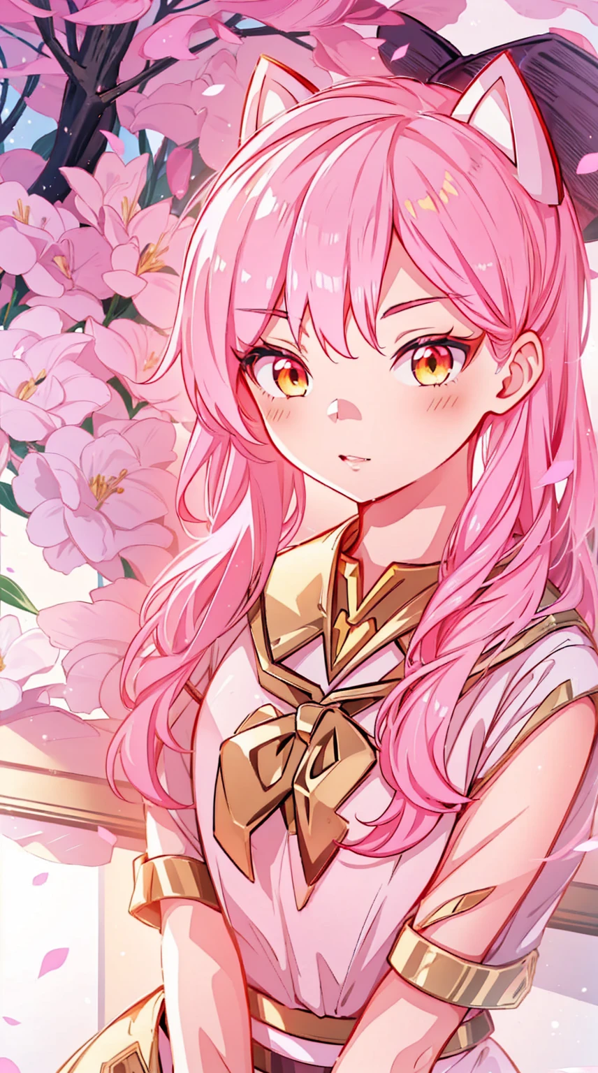 An anime girl with cat ears. Fake cat ears, and the cat ears are gold-rimmed on the head, long pink hair, very long hair, bright pink hair, white miniskirt with gold belt, She wears white gloves on her hands, pinker BH pinker Tanger, around the neck a golden collar, View to the viewer,
sexly,, cute face",, orange eyes White sailor uniform with long sleeves for the upper body Navy blue lower body mini skirt white panties,