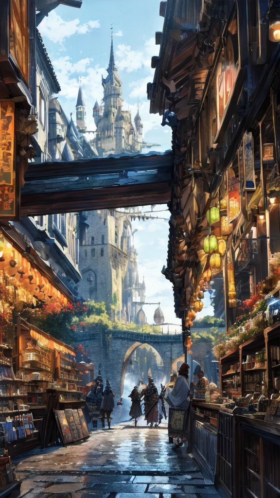 terrain,Distant view,Fantasy style,Medieval architecture,white brick wall,orange roof,cobblestone road,bustling shops,vendor,shout,customer,lively street,Background crowd in medieval costumes,Guards in armor,city gate,Few notable pedestrians,Wizard holding a wand,warrior holding shield,swordsman with sword,Priest with a book,outside restaurant,river,bridge,street dog,Masterpiece,best quality,Highly detailed,miraculous,exquisite details,extremely detailed CG unity 8k Wallpaper,score:>=60,, Incredibly nonsense.,Wallpaper,TRUEistic,TRUE,photograph,terrain,shortened,, Beautifully detailed eyes,fine texture,