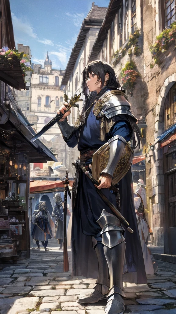 terrain,Distant view,Fantasy style,Medieval architecture,white brick wall,orange roof,cobblestone road,bustling shops,vendor,shout,customer,lively street,Background crowd in medieval costumes,Guards in armor,city gate,Few notable pedestrians,Wizard holding a wand,warrior holding shield,swordsman with sword,Priest with a book,outside restaurant,river,bridge,street dog,Masterpiece,best quality,Highly detailed,miraculous,exquisite details,extremely detailed CG unity 8k Wallpaper,score:>=60,, Incredibly nonsense.,Wallpaper,TRUEistic,TRUE,photograph,terrain,shortened,, Beautifully detailed eyes,fine texture,