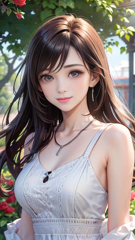 (Highest quality、 8k 、masterpiece、High resolution)、young woman、Beautiful big breasts、Slender beauty、Brown hair medium、Hair blowing in the wind、Hair flying back、whole body、 (Beautiful Face,Beautiful eyes,Beautiful nose,Pretty lips)、A clean eyeliner、(Basic Fashion、Natural, relaxed style)、Earrings、necklace、Her mouth opens slightly and a smile appears.、looking at the camera、Professional Lighting、Professional photographer、Outdoor、garden、Multicolored rose flowers、Detailed CG、
