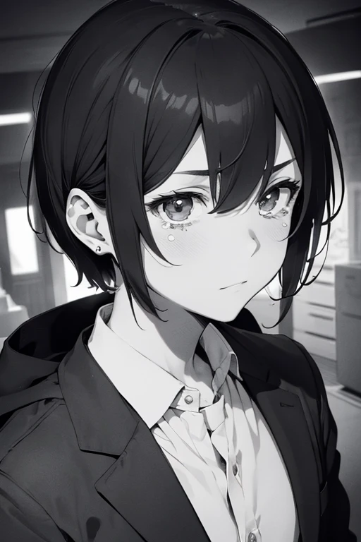 male,male,man,20yo,Serious expression,tears,Short Hair,suit,Monochrome,masterpiece,best quality,super detailed,super fine illustration,8k,anime style,detailed background,crematorium,