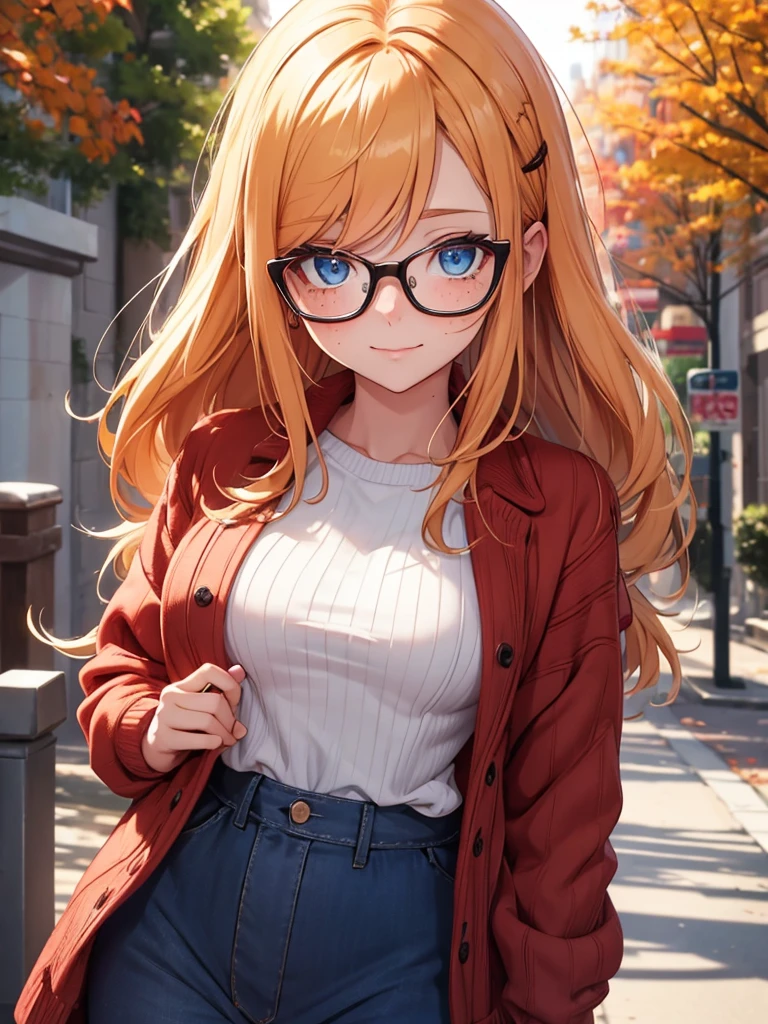 Create me a cute girl with glasses and freckles, boluctuous hip, blue eyes, red hair and blonde, com autumn clothes