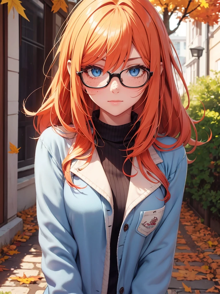 Create me a cute girl with glasses and freckles, boluctuous hip, blue eyes, red hair and blonde, com autumn clothes