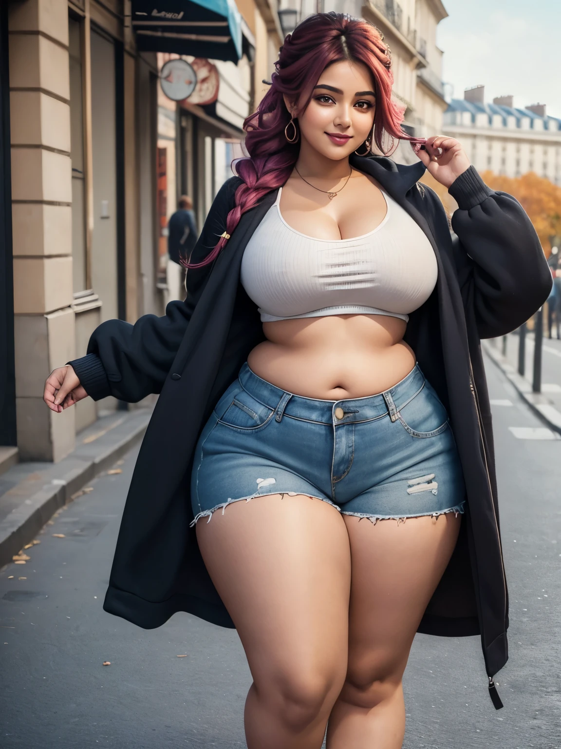 gorgeous curvy plus size Indian bengali actress ritavori , glowing eyes, wearing SHEIN Girl Casual Loose Fleece Hood Checked Long Sleeve Jacket, Autumn Winter , covered Bust, parted lips, blushing cheeks, thick thighs, bigger waist, busty, curvy plus size body, full body, full body shot, head to toe view, smoothning burgendy color hair with pfrench braid hairstyle, hourglass body, curvy plus size body, smile face, bigger waist, busty, big hips, fleshy thighs, thick thighs, busty, full body view, Eiffel Tower, Paris, France: Iconic landmark with romantic Parisian vibes.