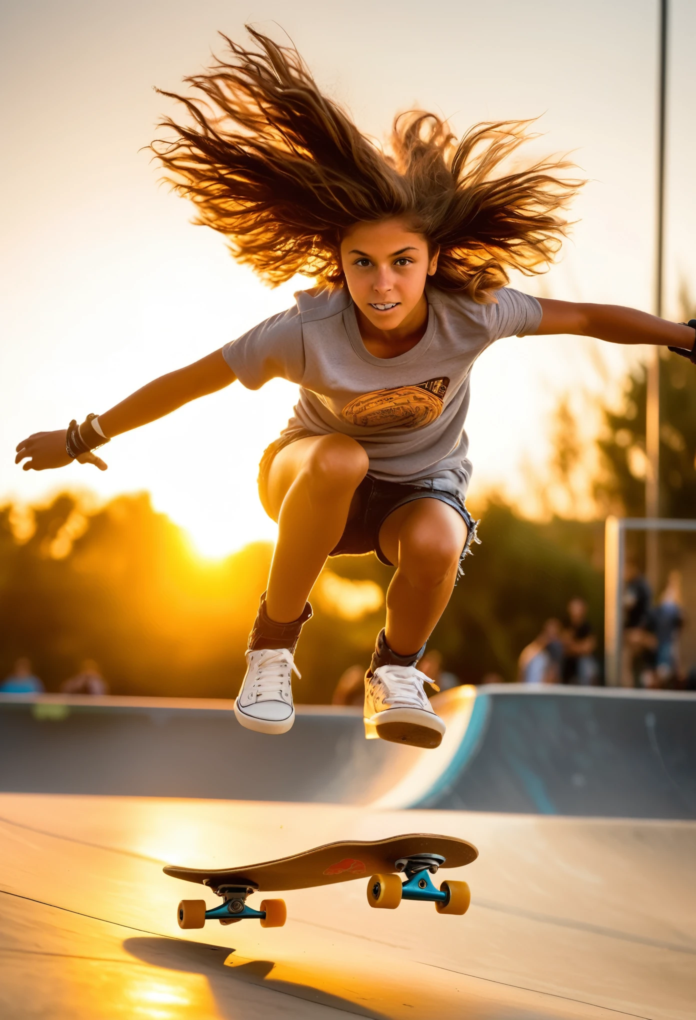 Athletic girl  skateboard in flight, capture dynamic energy, highlight muscular build, determined expression, tousled hair, infuse with atmospheric detail  sunkissed, golden hour lighting at urban skatepark, conclude with a sports photography vibe, in the style of action shots.
