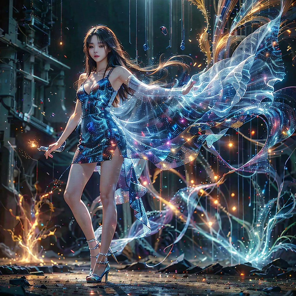Ultra-Realistic Capture,18k,RAW Photos,Highest quality,masterpiece,reality,Very detailed,Sharp Photos,Very beautiful woman,Automata,20-year-old ,Model body type,slim,Large Breasts,Transparent glass skin,Very long dress made of particles,Very detailedな電子機器の骨格,Mechanical joint,Many connecting lines,Rainbow colors,Very long hair,Standing posture,expensive,Long legs,Standing on tiptoes,Sexy pose,Captivating pose,Acrobatic poses,