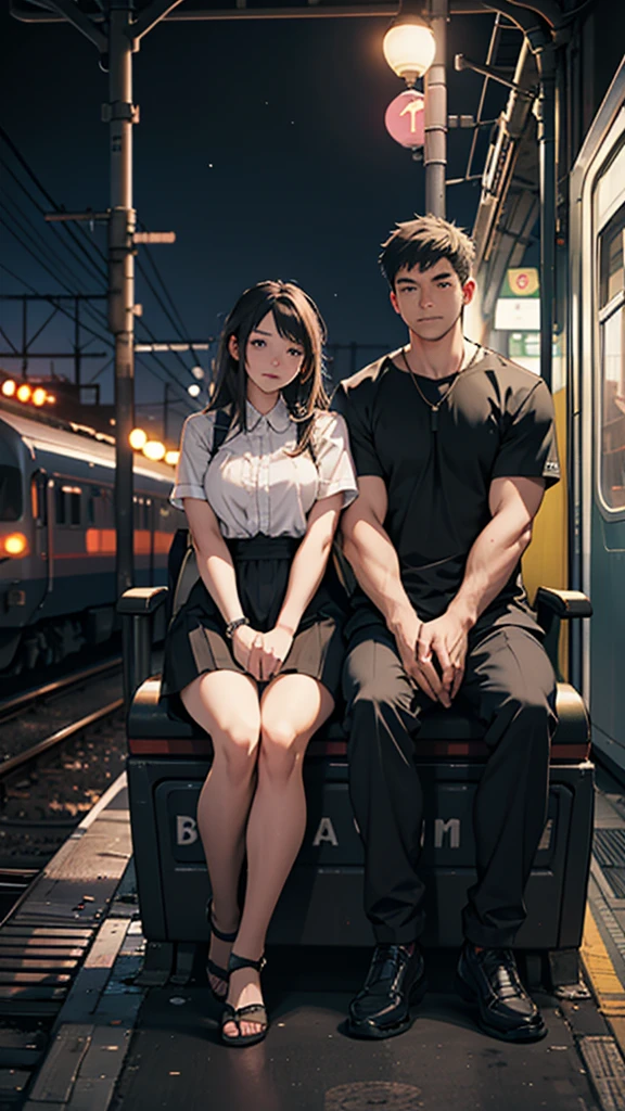 a couple sitting at a railway station, night scene, train approaching, couple wearing short clothes, girl has big hips detailed faces,