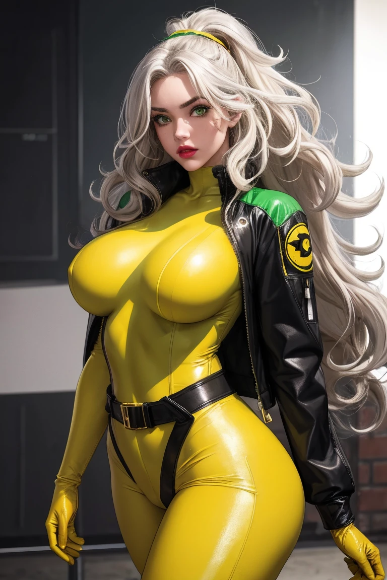 good anatomy, masterpiece, best quality, bokeh, depth of field, highres, high quality, 1girl,
CARTOON_X_MENs_Rogue,ownwaifu,
long hair,breasts,brown hair,green eyes,lipstick,makeup,lips,white hair,two-tone hair,headband,wavy hair,large breasts,messy hair,curly hair,big_hair,
yellow bodysuit,jacket,gloves,belt,yellow gloves,green bodysuit,bodysuit,multicolored bodysuit,superhero, skin tight,multicolored clothes,