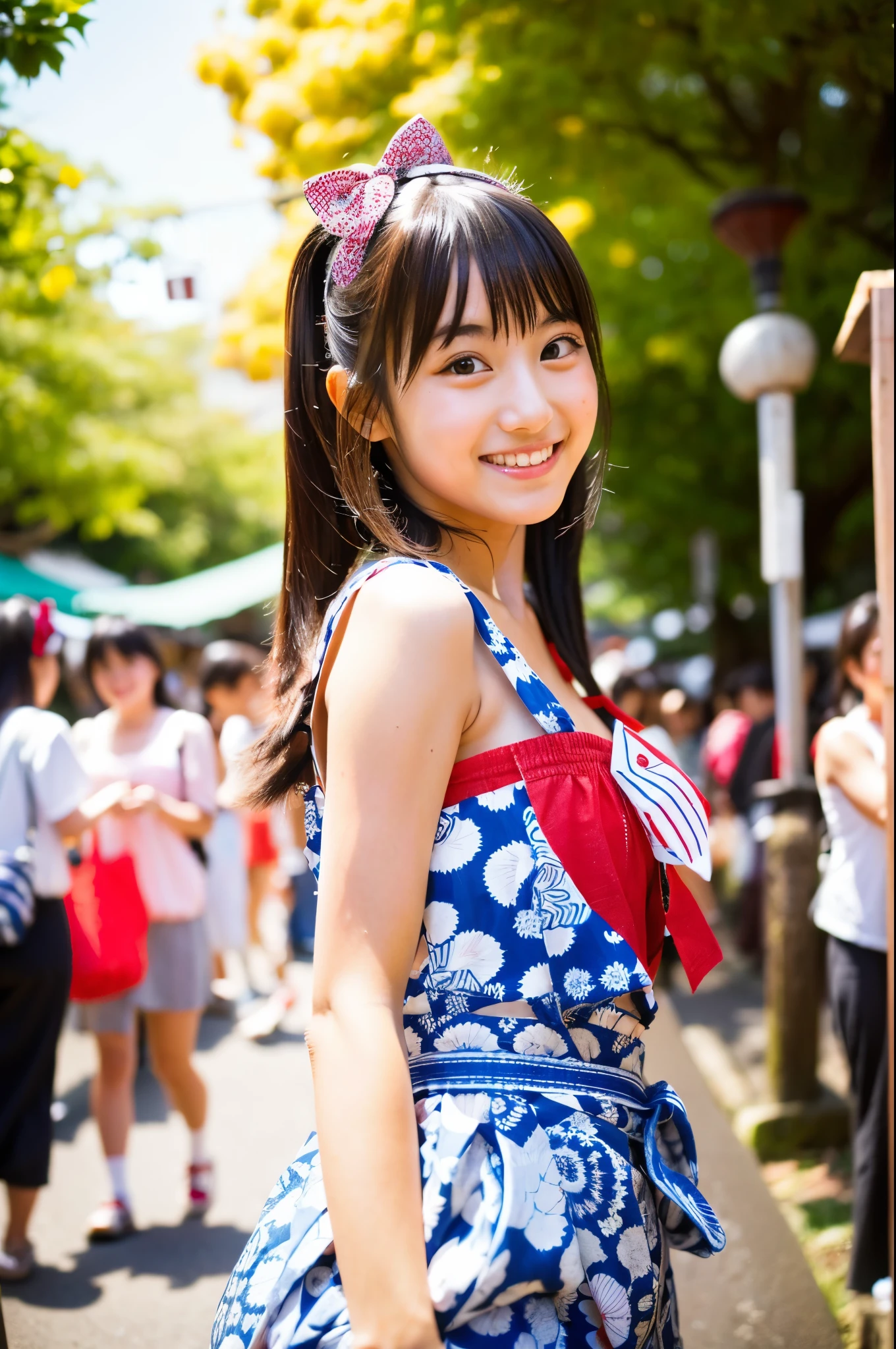 A very cute face like an idol、like々A 19-year-old woman with a cute face、Gentle and cute、A kind smile、((Japanese Yukata))、(Japanese festivals)、(Full body portrait)、RAW Photos、Genuine、High resolution