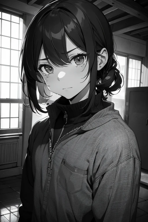 male,male,man,20yo,Serious expression,tears,suit,Monochrome,masterpiece,best quality,super detailed,super fine illustration,8k,anime style,break crematorium, detailed background,