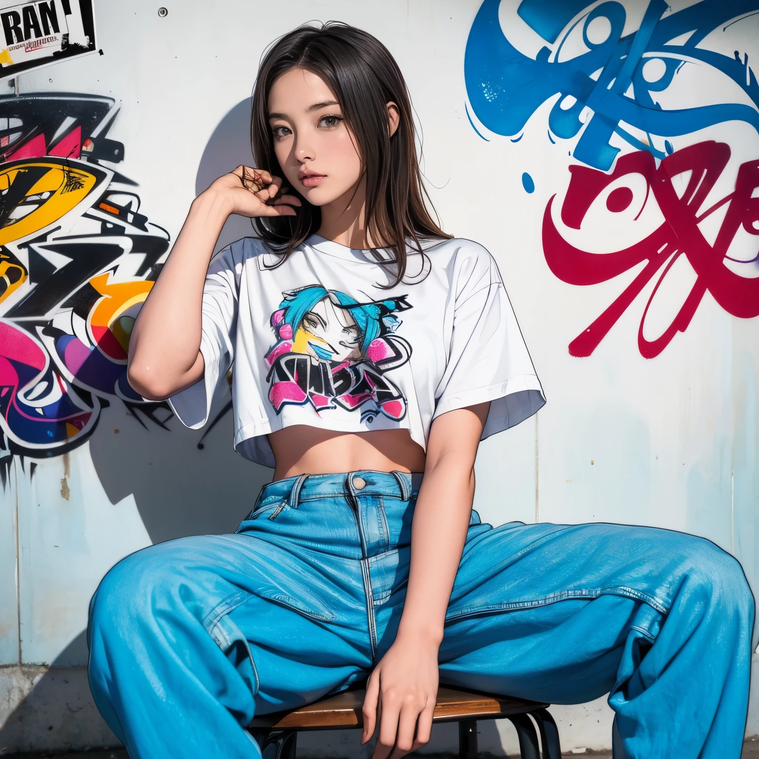 ((masterpiece,best quality;1.3,best illustration)),19 year old beautiful idol, Full color drawing of Hip hop, Hip hop, Hip hop, Hip hop, Loose pants, crop top, lab (((graffiti art) (karen griffith))), On the sea background, crazy details, intricate details, hyper detail , low contrast, Cinematic Soft Light, Exposure Blending, HDR, front, Album cover, unique style, album jacket, In a hip sitting manner,