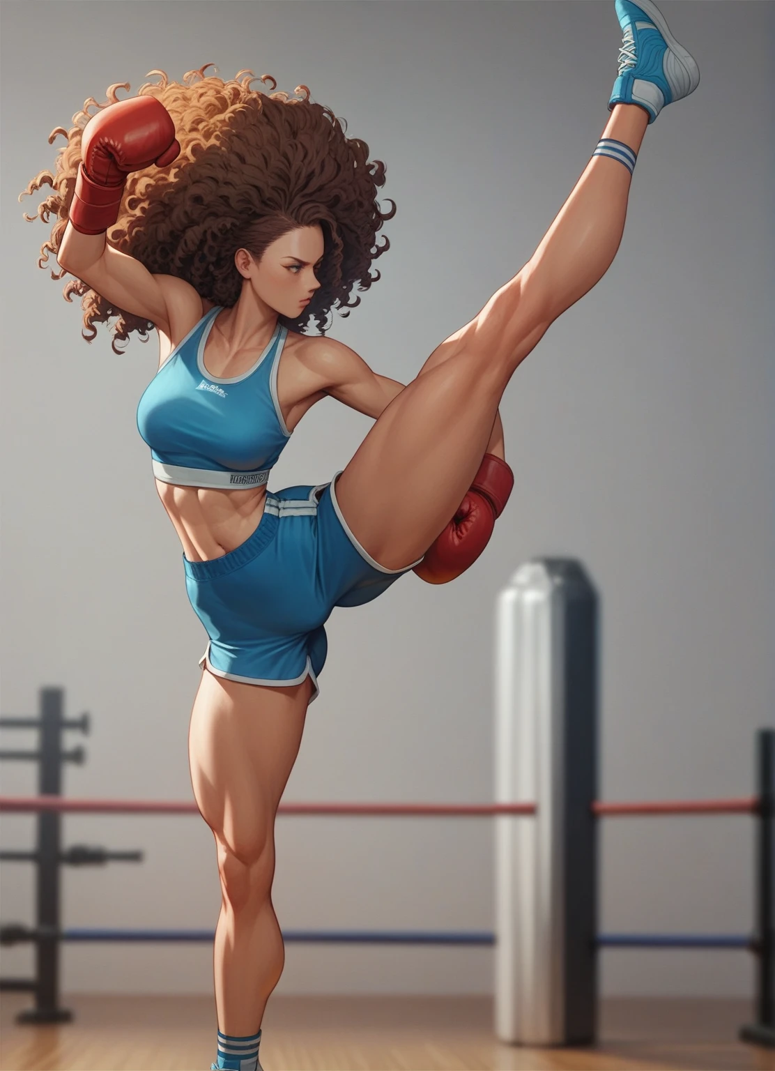 score_9, score_8_up, score_7_up, score_6_up, anime_source, best quality, 1girl, large hips, small waist, Big Butt MMA fighter, high kick, workout, tight shorts, curly hair, boxing gloves 