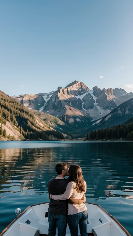 A couple in love riding a boat on a mountain lake blue sky 