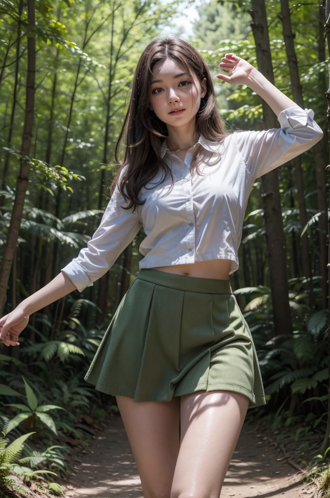 group of women in mini skirt dancing in the forest realistic 4k hd loose hair, several women dancing