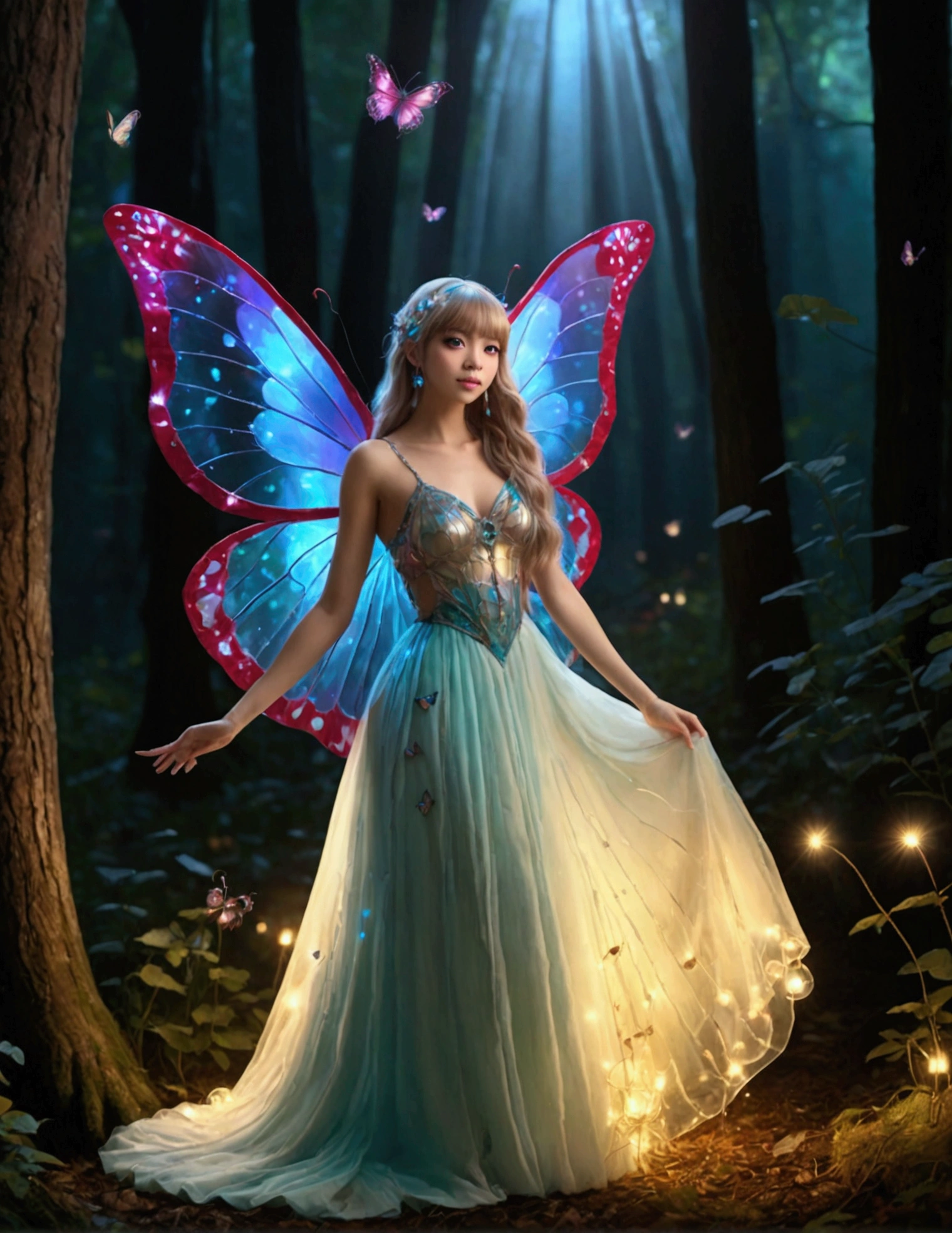 (Lalisa Manobal, age 25) cute fairy, crystalline butterfly wings, prismatic hair, large eyes, spider silk gown, dancing in a ring of toadstool, ethereal lighting, woods at night, (best quality,4k,8k,highres,masterpiece:1.2),ultra-detailed,(realistic,photorealistic,photo-realistic:1.37),fantasy,magical,whimsical,vibrant colors,dramatic lighting