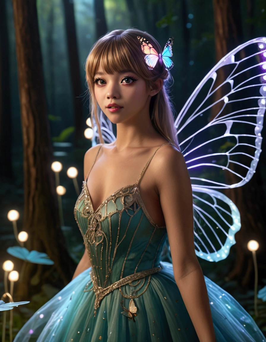 (Lalisa Manobal, age 25) cute fairy, crystalline butterfly wings, prismatic hair, large eyes, spider silk gown, dancing in a ring of toadstool, ethereal lighting, woods at night, (best quality,4k,8k,highres,masterpiece:1.2),ultra-detailed,(realistic,photorealistic,photo-realistic:1.37),fantasy,magical,whimsical,vibrant colors,dramatic lighting