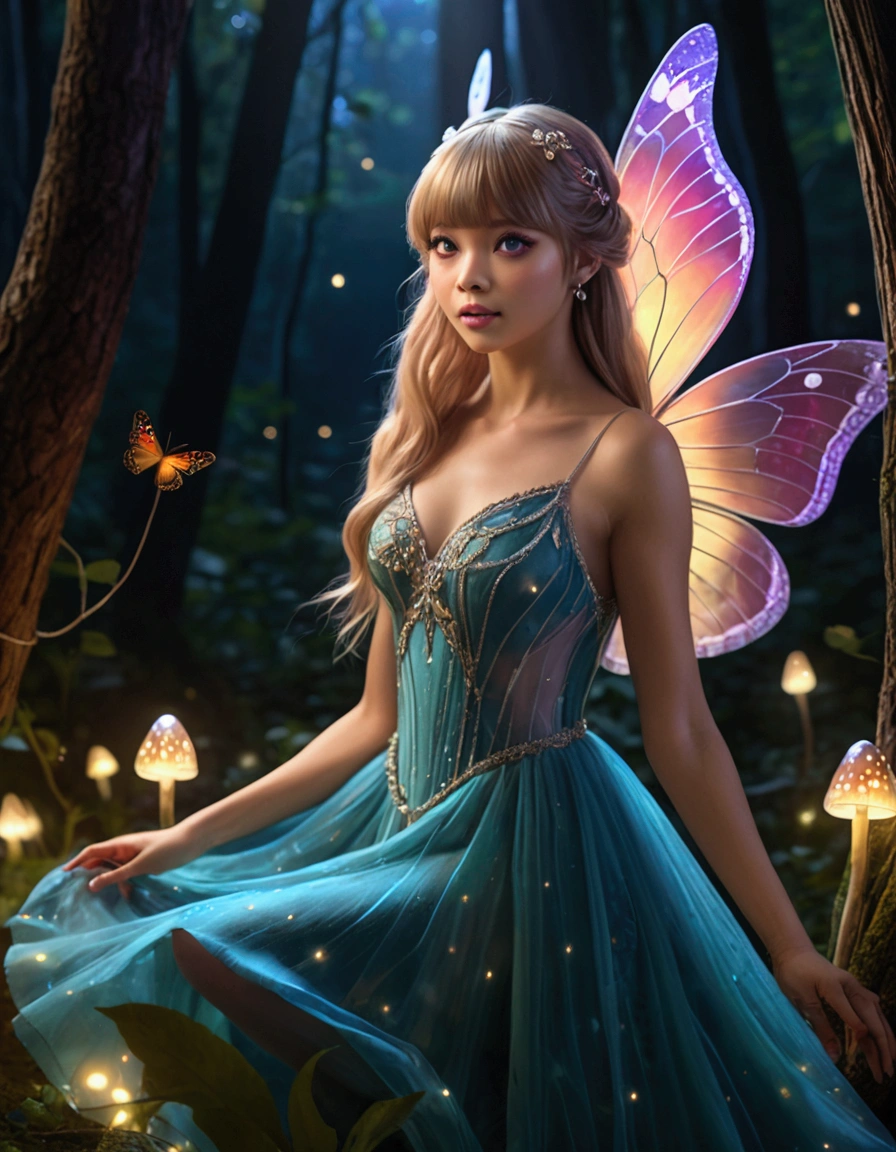 (Lalisa Manobal, age 25) cute fairy, crystalline butterfly wings, prismatic hair, large eyes, spider silk gown, dancing in a ring of toadstool, ethereal lighting, woods at night, (best quality,4k,8k,highres,masterpiece:1.2),ultra-detailed,(realistic,photorealistic,photo-realistic:1.37),fantasy,magical,whimsical,vibrant colors,dramatic lighting