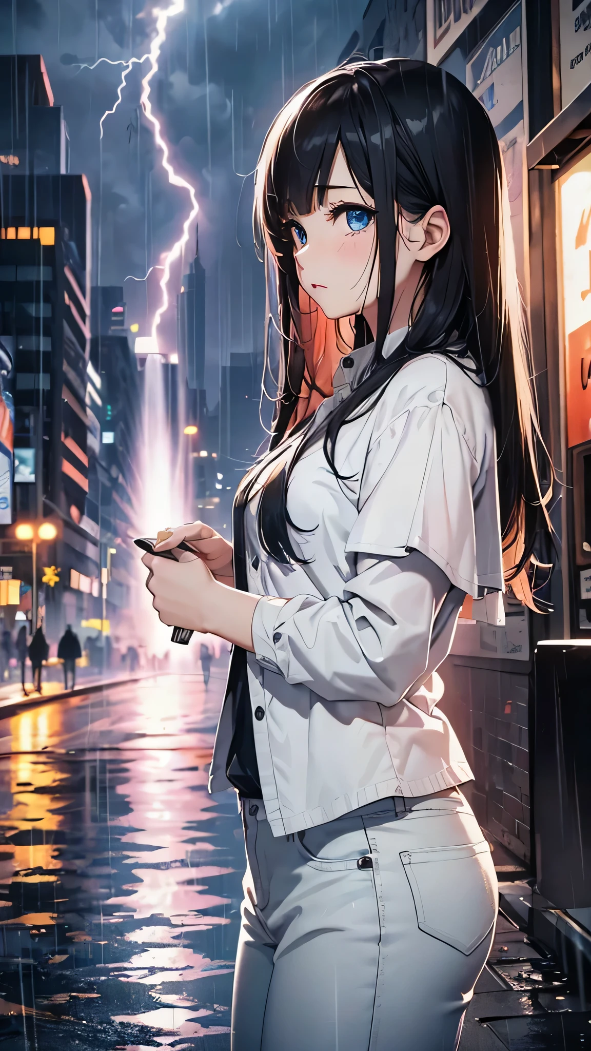 最high quality、Best image quality、masterpiece、With a girl((cute、16 years old、Best Bust、Medium Bust、Beautiful Blue Eyes、Spread your chest wide,Black Hair、Disheveled Hair、thin、Highest Valley、white open Y shirt,Black trousers、Teary whole body is wet、cry、Sad face))high quality、Beautiful art、background((night、heavy rain、City、Lightning strikes、fountain park)),Tabletop、Exquisite design、Visual Arts、Written boundary depth、Best lighting、Highest detail、8k