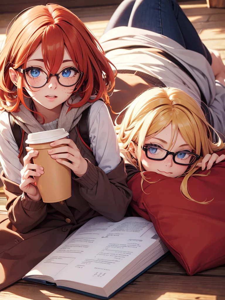 Create me a cute girl with glasses and freckles, boluctuous hip, blue eyes, red hair and blonde, com autumn clothes Lying down or having a coffee