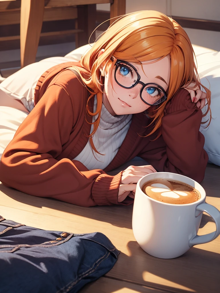 Create me a cute girl with glasses and freckles, boluctuous hip, blue eyes, red hair and blonde, com autumn clothes Lying down or having a coffee