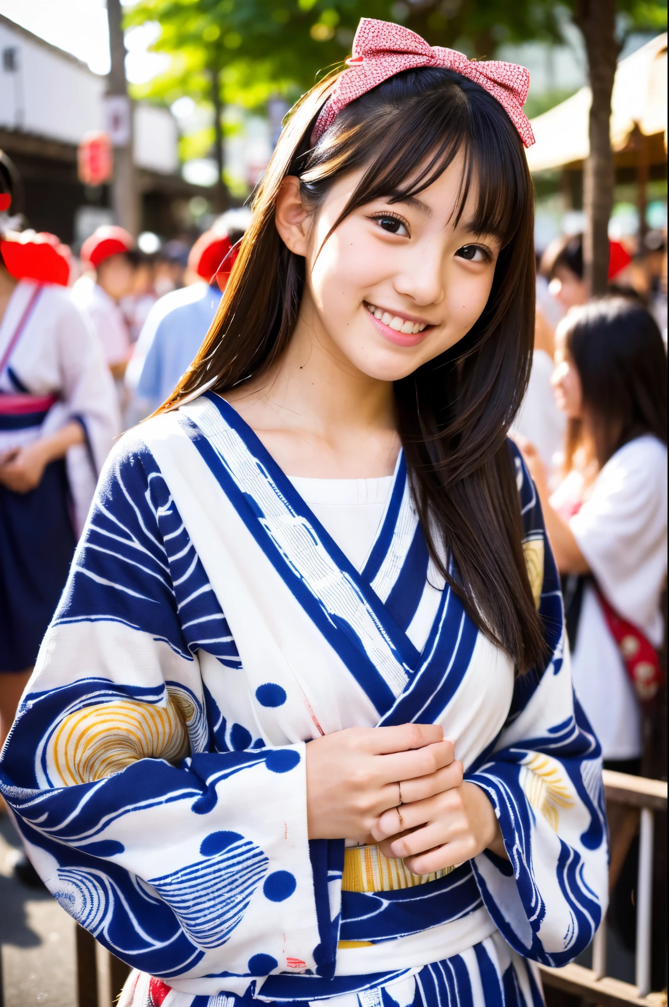 A very cute face like an idol、like々A 19-year-old woman with a cute face、Gentle and cute、A kind smile、((Cute long-sleeved Japanese yukata))、(Japanese festivals)、(Full body portrait)、RAW Photos、Genuine、High resolution