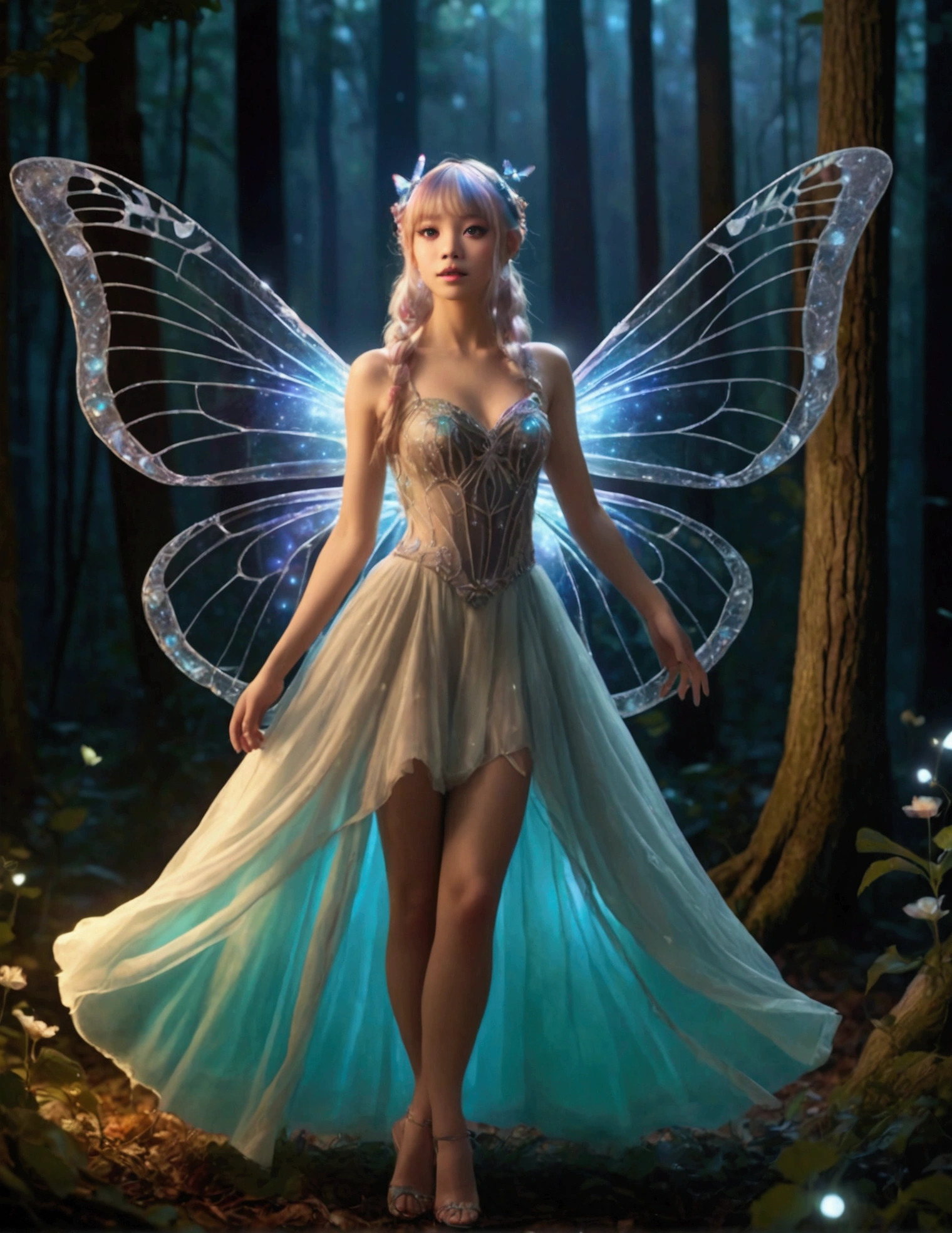 (Lalisa Manobal, age 25) cute fairy, crystalline butterfly wings, prismatic hair, large eyes, spider silk gown, dancing in a ring of toadstool, ethereal lighting, woods at night, (best quality,4k,8k,highres,masterpiece:1.2),ultra-detailed,(realistic,photorealistic,photo-realistic:1.37),fantasy,magical,whimsical,vibrant colors,dramatic lighting