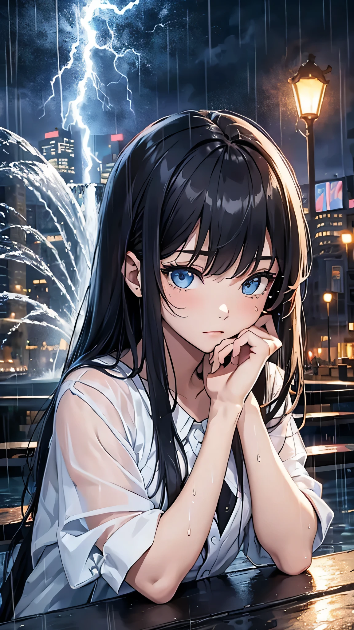 最high quality、Best image quality、masterpiece、With a girl((cute、16 years old、Best Bust、Medium Bust、Beautiful Blue Eyes、Spread your chest wide,Black Hair、Disheveled Hair、thin、Highest Valley、white open Y shirt,Black trousers、Teary whole body is wet、cry、Sad face)）high quality、Beautiful art、background((night、heavy rain、City、Lightning strikes、fountain park)),Tabletop、Exquisite design、Visual Arts、Written boundary depth、Best lighting、Highest detail、8ｋ